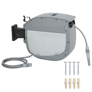 Outsunny Schlauchtrommel mit Gartenschlauch 30 m, 180° schwenkbar Schlauchbox mit automatische Aufrollung Selbstverriegelung, Schlauchaufroller zur Wandmontage, Wasserschlauchaufroller, Grau