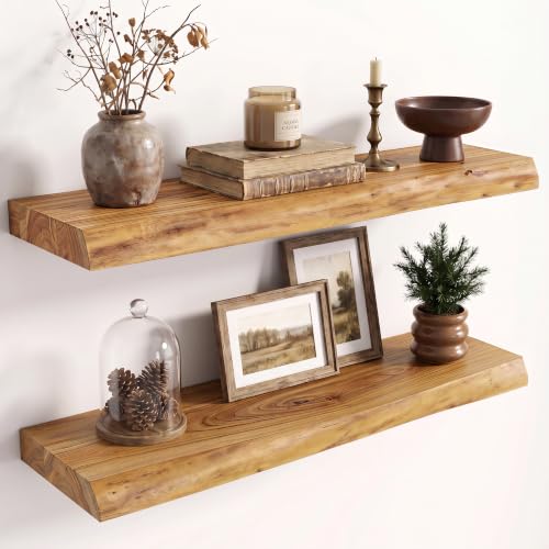 Image of Fun Memories 24 inch Wall Mounted Floating Shelves, Natural Elm Wood, 2 Pack
