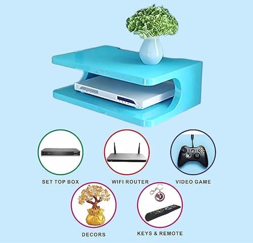 Image of Dime Store Setup Box Stand /Set Top Box Stand Wall Mount for Home Wall Shelf for Holding Speakers WiFi Router Game Console Remote Streaming Device (Standard, Blue)(Engineered Wood)