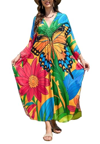 Image of IMAGEKOPE Women's Plus Size Animal Print V-Neck Batwing Kaftan Beach Dress Bathing Suit Cover-Up Loungewear