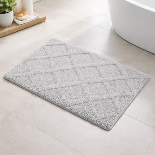 Image of Premium Combed Cotton Tufted Bathmat 45 x 65 cm, 1800 GSM Soft Absorbent Anti Skid Bathroom Floor Mat with Latex Backing, Quick Dry Non Slip Bath Rug for Shower & Daily Use, Diamond Silver