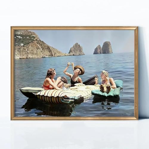 Art mural vintage femmes mangeant des pâtes au lac toile 80x120cm sans cadre pour salon