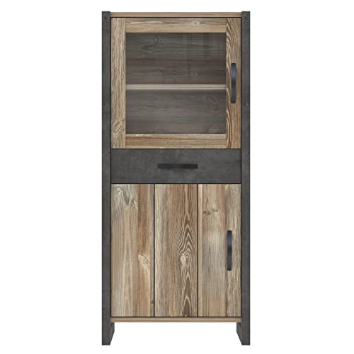 Newroom Vitrine Betonoptik und Picea Kiefer Vitrinenschrank Modern - 67,7x154,2x43,1 cm (BxHxT) - Glasvitrine Standvitrine Glasschrank - [Porter.Four] Wohnzimmer Wohnstube Büro
