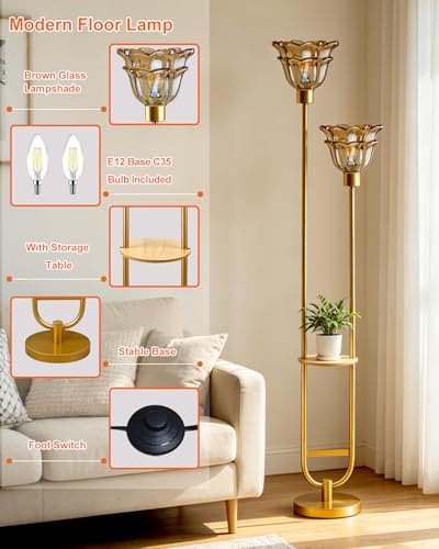Image of Glass Floor Lamp with Shelf 2-Lights Gold Floor Lamp with Amber Glass Shade, Mid Century Modern Standing Tall Lamps with Foot Switch for Living Room Bedroom Home Office Decor (Bulbs Included)