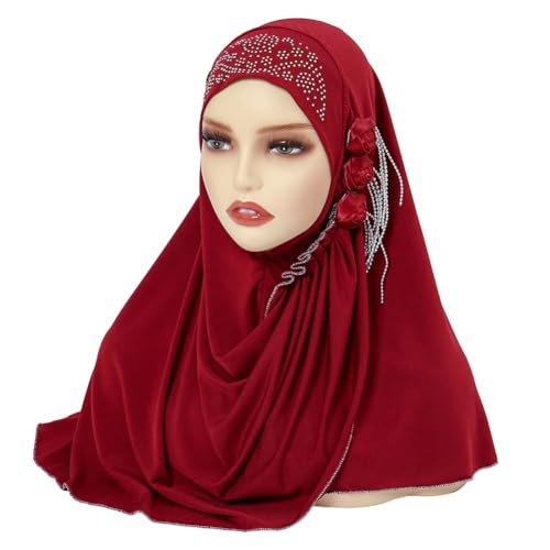 Women One Piece Muslim Hijab Lace Head Wrap Scarf Shawl with Rhinestones Muslim Hijab Head Wrap Scarf Shawl, Burgundy