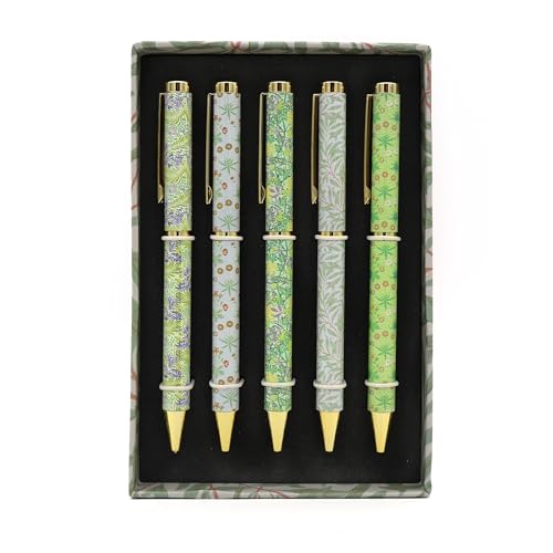 William Morris Ballpoint Pens, Set of 5 Twist-Action Black Ink Pens in Gift Box, Mixed Green & Blue Floral Designs - Image 4