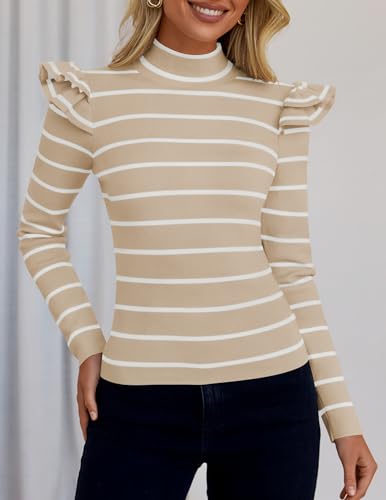 ZESICA Womens Striped Ruffle Long Sleeve Tops Fall Turtleneck Ribbed Knit Slim Fit Basic Shirt Casual Pullover Sweater2