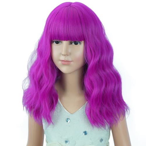 Image of Kids Purple Red Wig Girls Short Magenta Wavy Curly Wigs Child Magenta Wig with Air Bangs Synthetic Cosplay Hair Wigs