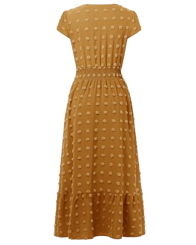 Image of CzzzyL Women Nursing Boho Maxi Dresses Cap Short Sleeve V Neck Swiss Dot High Waisted A-Line Ruffle Tiered with Pockets