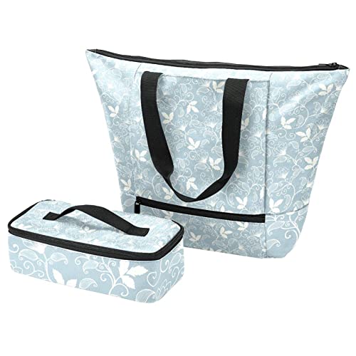 Grand sac fourre-tout bleu clair et boîte à déjeuner florale avec sacs isolants