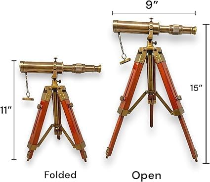 10-Inch Vintage Brass Spyglass Telescope – Nautical Maritime Décor with Adjustable Wooden Tripod Stand for Home Office, Display & Collectors Gift