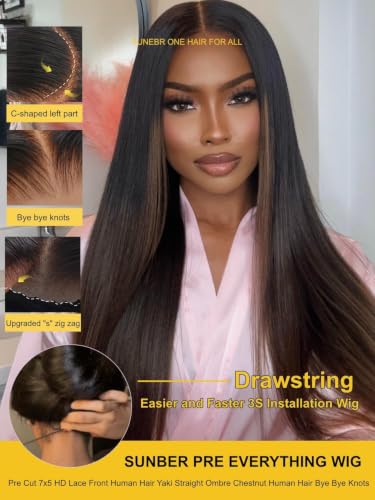 Image of Sunber Ombre Brown Bye Bye Knots 7x5 Lace Glueless Wig Human Hair 16Inch