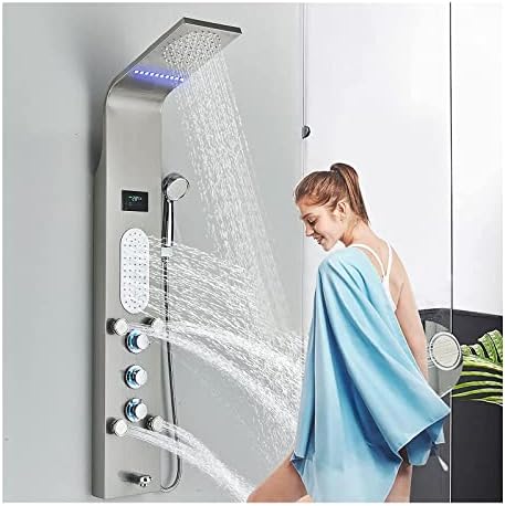 TANGAN LED Shower Panel Tower System Wall Mount, Multifunction Stainless Steel Rain Massage Full Body Shower System with 3 LED Handle, Brushed Nickel