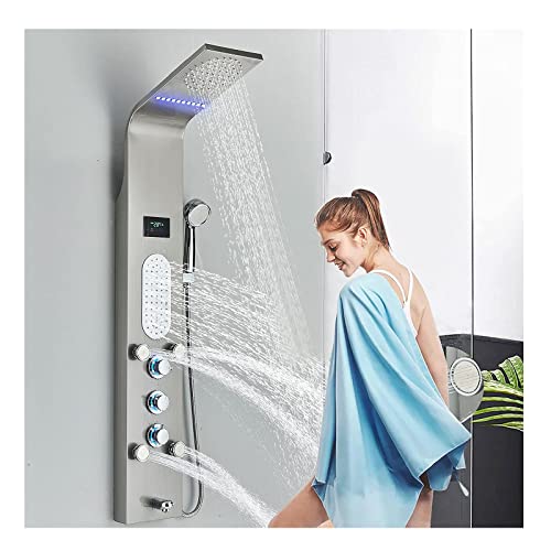 Tangan Led Shower Panel Tower System Wall Mount, Multifunction Stainless Steel Rain Massage Full Body Shower System With 3 Led Handle, Brushed Nickel #TOP3