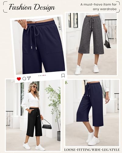 Image of 3 Pack Women's Capri Sweatpants Wide Leg Capris Casual Drawstring Loose Cropped Lounge Yoga Pants with Pockets