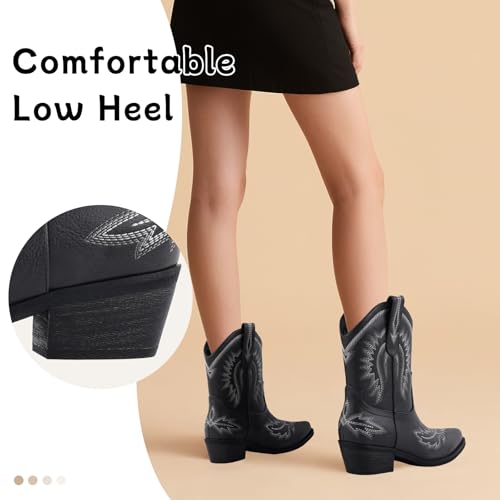 Image of LingxiaUne Cowboy Boots for Women Floral Cowgirl Boots with Pointed Toe and Chunky Heel Mid Calf Western Boot for Concert Festival Country Night Party