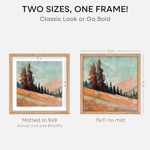 Image of Homeforia 11x11 Picture Frame Wood, High-End Natural Oak 11 x 11 Thin Square Poster Frames with Mat 9 by 9 inch Photo, 11by11 Light Wooden Frame Matted to 9x9 Print, Tempered Glass, Wall Kit, Set of 3