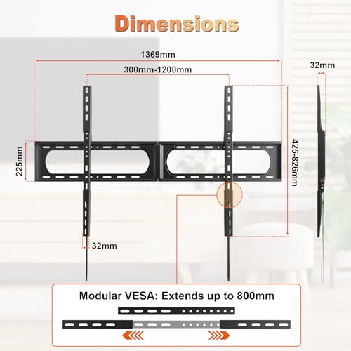 PUTORSEN Heavy Duty 275lbs Capacity Slim Fixed TV Wall Mount for 37"-140" TVs (1200x800 VESA) - image 8