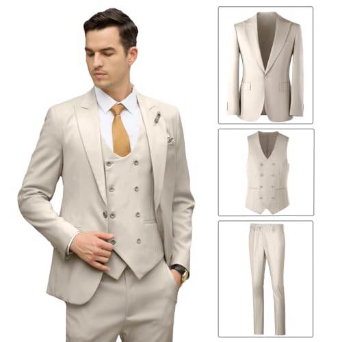 Image of Mens Suit Slim Fit 3 Piece Double Breasted Suit Men Formal Tuxedo Set Casual Wedding Prom Groom Suits