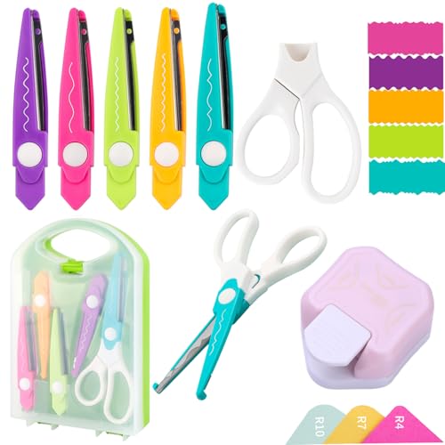 Reviews de Almacenamiento de materiales de bordado los mejores 5. 48 Juego de 7 tijeras para manualidades 3 en 1 esquinas redondas de papel decorativas con caja de almacenamiento, juego de 5 tipos de bordes en zig zag para proyectos de bricolaje,...