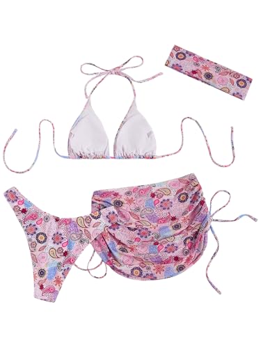 Image of RoseSeek Women's 4 Piece Polka Dots Bathing Suits Cover Up Skirt & Bandana