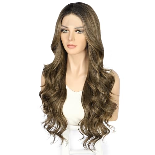 Sapphirewigs Brown Lace Front Wig Synthetic Body Wave Ombre Brown Balayage Synthetic Lace Front Wigs Party Date Daily Wear Christmas Natural Looking 26 inch - Image 3