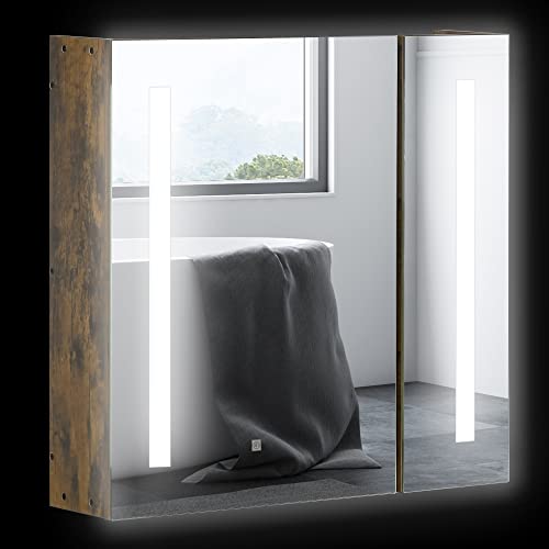 kleankin 27.5 Inch x 25.5 Inch LED Lighted Medicine Cabinet with Mirror, Wall Mounted Dimmable Bathroom Cabinet with 3-Tier Storage Shelves, Smart Touch, and USB Charge, Dark Wood Grain kleankin 27.5 Inch x 25.5 Inch LED Lighted Medicine Cabinet with Mirror, Wall Mounted Dimmable Bathroom Cabinet with 3-Tier Storage Shelves, Smart Touch, and USB Charge, Dark Wood Grain