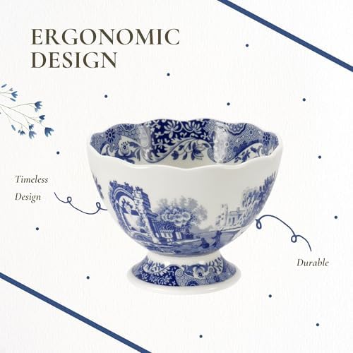 Portmeirion Blue Italian Footed Bowl | Made of Porcelain | Berries, Sweets, and Chocolate Bowl | Scalloped Edge | Measures 4.75-Inch | Dishwasher and Microwave Safe image 4