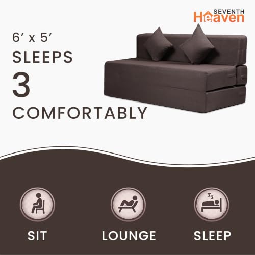 Image of Seventh Heaven Rejioce 3 Seater 5 * 6 Jute Fabric Washable Cover Sofa Cum Bed with 2 Cushions 3 Seater Double Foam Fold Out Sofa Cum Bed (Finish Color - Brown Delivery Condition - Pre-Assembled)