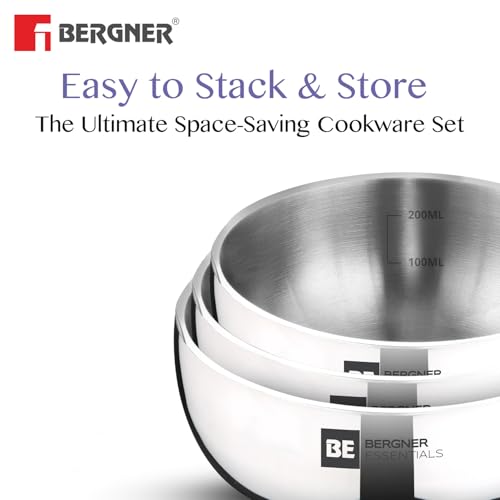 Image of BERGNER BE Essentials TriPly Stainless Steel 3 Pcs Mini Tasra Set - 10 cm (300ml), 12cm (500ml), 14cm (700ml), Junior Tasla Combo, Cook and Serve, Less Oil Use, Easy to Clean - Gas Stove Compatible