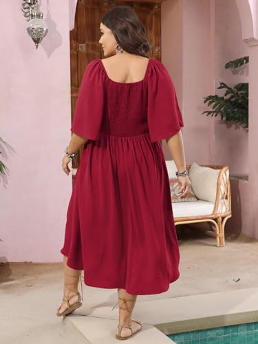 Image of SCOMCHIC Plus Size Summer Dress Casual Short Sleeve Bow Tie Deep V Neck Smocked Button Down Midi Flowy A-line Boho Dresses