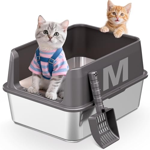 Caja de arena para gato de acero inoxidable mediana con tapa miniatura 1