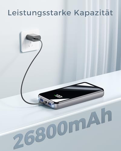 Power Bank,26800mAh Powerbank USB-C 25.5W Große Kapazität Tragbarer Externer HandyAkkus,Taschenlampe,3 in 1 Cable,Akku-Pack für iPhone 17 16 Pro Max 15 14 13 12 Galaxy S25 Edge,für Reisen, Camping 2