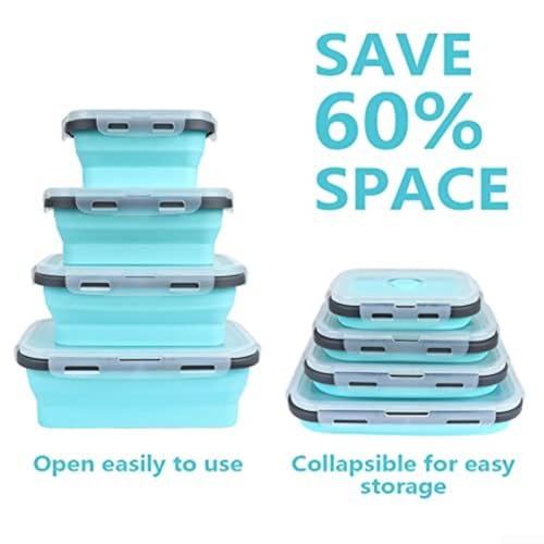 Lot de 4 boîtes alimentaires pliables en silicone - Économie d'espace - Anti-fuite - Avec couvercles - Passe au micro-ondes et au lave-vaisselle - Pour le camping - Bleu – vue 2