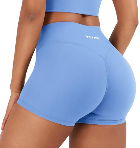 VOYJOY Workout Shorts for Women 3.6 No Front Seam High Waisted Biker Shorts Tummy Control Gym Running Yoga Ice Blue L