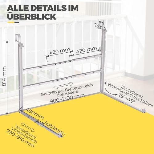 GLIESE Balkonkraftwerk Halterung | Solarmodulhalterung für 400W-550W - 15°-45° verstellbar aus stabilem Aluminium, inkl. Haken für rundes Geländer - Für Balkon, Flachdach, Wand (Silber)