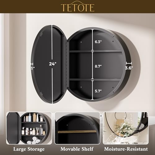 Image of TETOTE 24 x 24 Inch Medicine Cabinet Mirror Black Framed Round Mirrored Medicine Cabinets for Bathroom Adjustable Shelves Modern Bathroom Mirror with Storage Wall Mounted