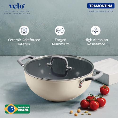 Image of TRAMONTINA Velo 24cm Shallow Kadai with Lid 2.9L | Ceramic-Reinforced Coating | Tempered Glass Lid | for Curry, Stir Fry, Sauteing & Everyday Cooking | Gas & Induction Compatible | Sand Beige