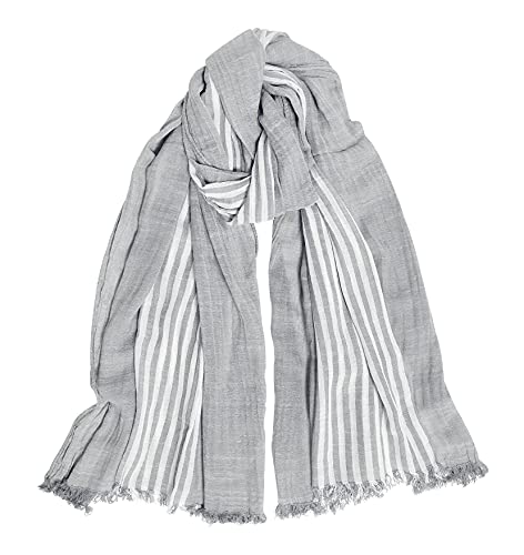 GERINLY Cotton-Linen Scarves Mens Stripe Crinkle Long Scarf (Gray)