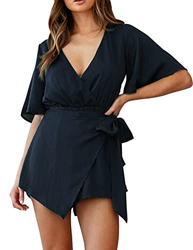 Aimcoo Women's Casual Short Flared Sleeve Romper V Neck Waist Tie Knot Solid Rompers Low Cut Short Jumpsuits For Summer #TOP1
