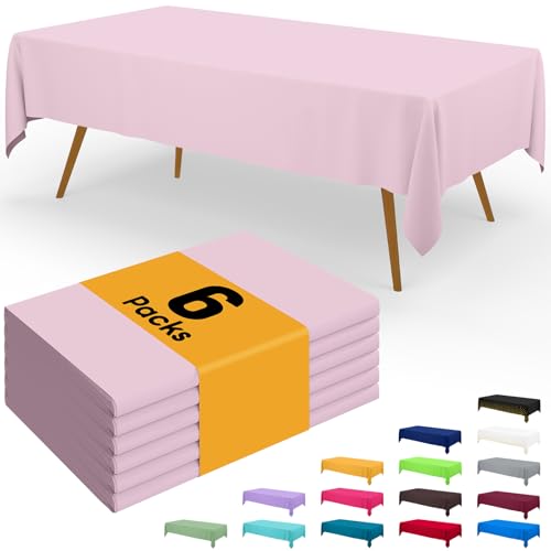Image of Smiry Disposable Table Cloth - 6 Pack, 54 x 108 Inch Waterproof Rectangle Tablecloths for Easter Party, Valentines & Mothers Day Decorations, Decorative Plastic Table Cover, Leakproof & Sturdy, Pink