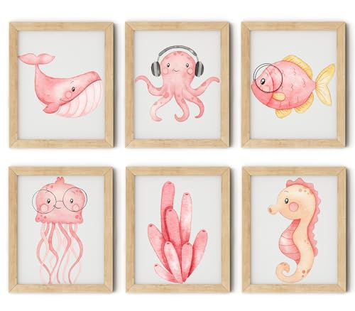 Image of ZZJYYC Ocean Nursery Wall Art Pictures Pink Watercolor Nautical Canvas Art Poster Beach Animal Wall Decor Paintings Sea Whale Jellyfish Seahorse Prints for Baby Kids Room 8x10 Inch Set of 6 Unframed