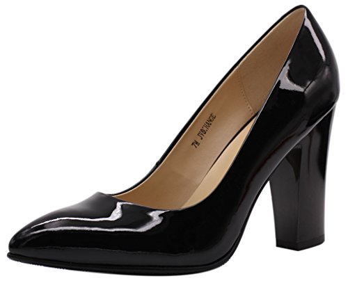Women's Chunky Heel Closed Pointed Toe Patent Leather Dress Pumps Shoes