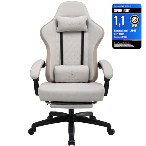 GTPLAYER Gaming Stuhl Ergonomischer Gaming Sessel Schreibtischstuhl mit Stoffoberfläche, Federsitzkissen, Verbindungsarmlehnen und Fußstütze 150KG, Beige-Braun