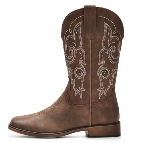 Image of IUV Cowboy Boots For Women Square Toe Cowgirl Wide Mid Calf Western Boots | Comfortable, Pull-on, Colorful Embroidered, Vintage-modern, Stylish for Daily Life and Outdoor Adventures.