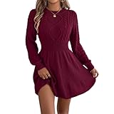 Vestido de manga larga para mujer, color liso, con cintura ajustada, cuello redondo, de punto trenzado, minivestido tipo suéter, granate, XL
