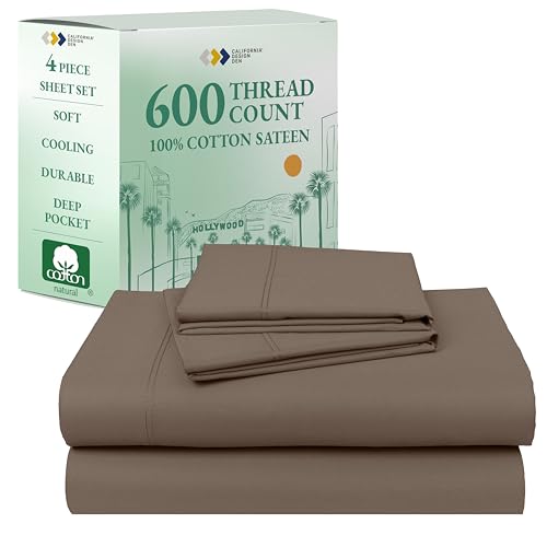 California Design Den 600 Thread Count Sheets King, 100% Cotton Sheet, Sateen, King Size Bed Sheets, Soft, Cooling, Hotel-Quality Bedding with Deep Pockets (Mushroom - Taupe Brown)