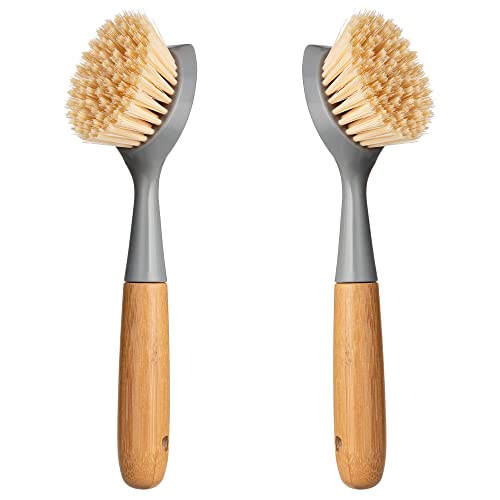 Image of 2 Pack Kitchen Dish Brush Bamboo Handle Dish Scrubber Built-in Scraper | Scrub Brush for Pans, Pots, Kitchen Sink Cleaning, Dishwashing and Cleaning Brushes are Perfect Cleaning Tools, Color-Gray