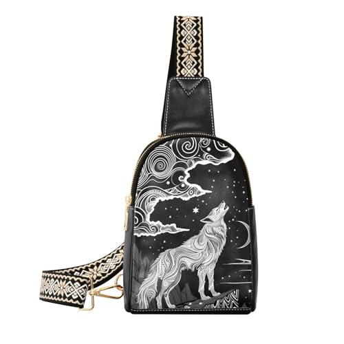 Leather Printed Sling Bag for Men Women Black Wolf Moon Durable PU Leather Waterproof Crossbody Bag for Travel, Adjustable Jacquard Straps and Personalized Prints