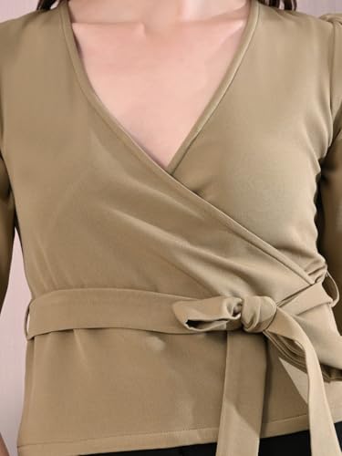 Image of Elegant Wrap Blouse for Women - Deep Neck Knot Design, Slim Fit Crop Style, Classy & Trendy Chic Fashionable Outfit for Casual